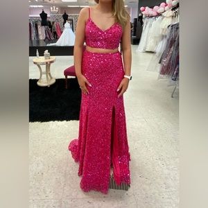 Hot pink, two piece prom dress
